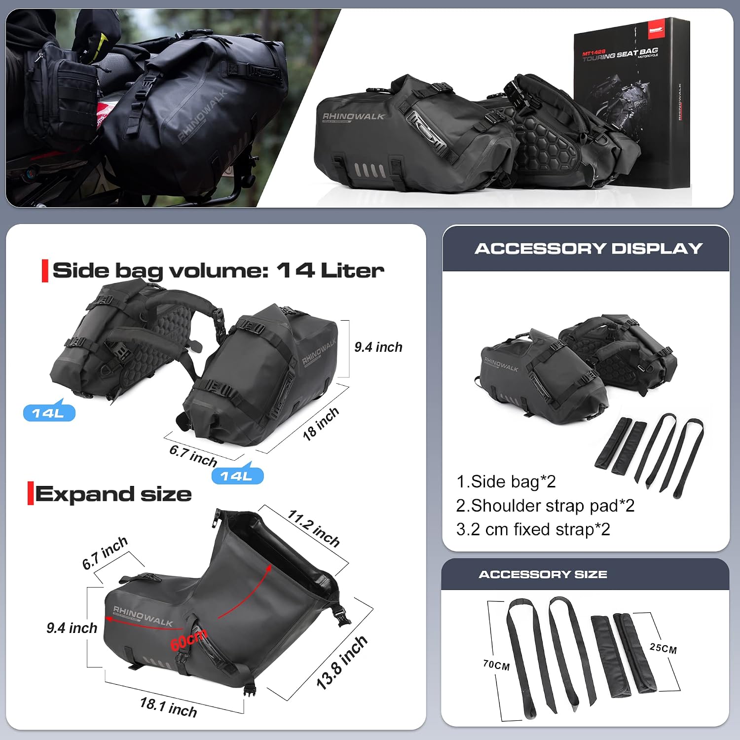 Motorcycle Saddlebags 28L(14L*2) Waterproof Motorbike Side Bags, Travel Luggage Panniers with Shoulder Strap for