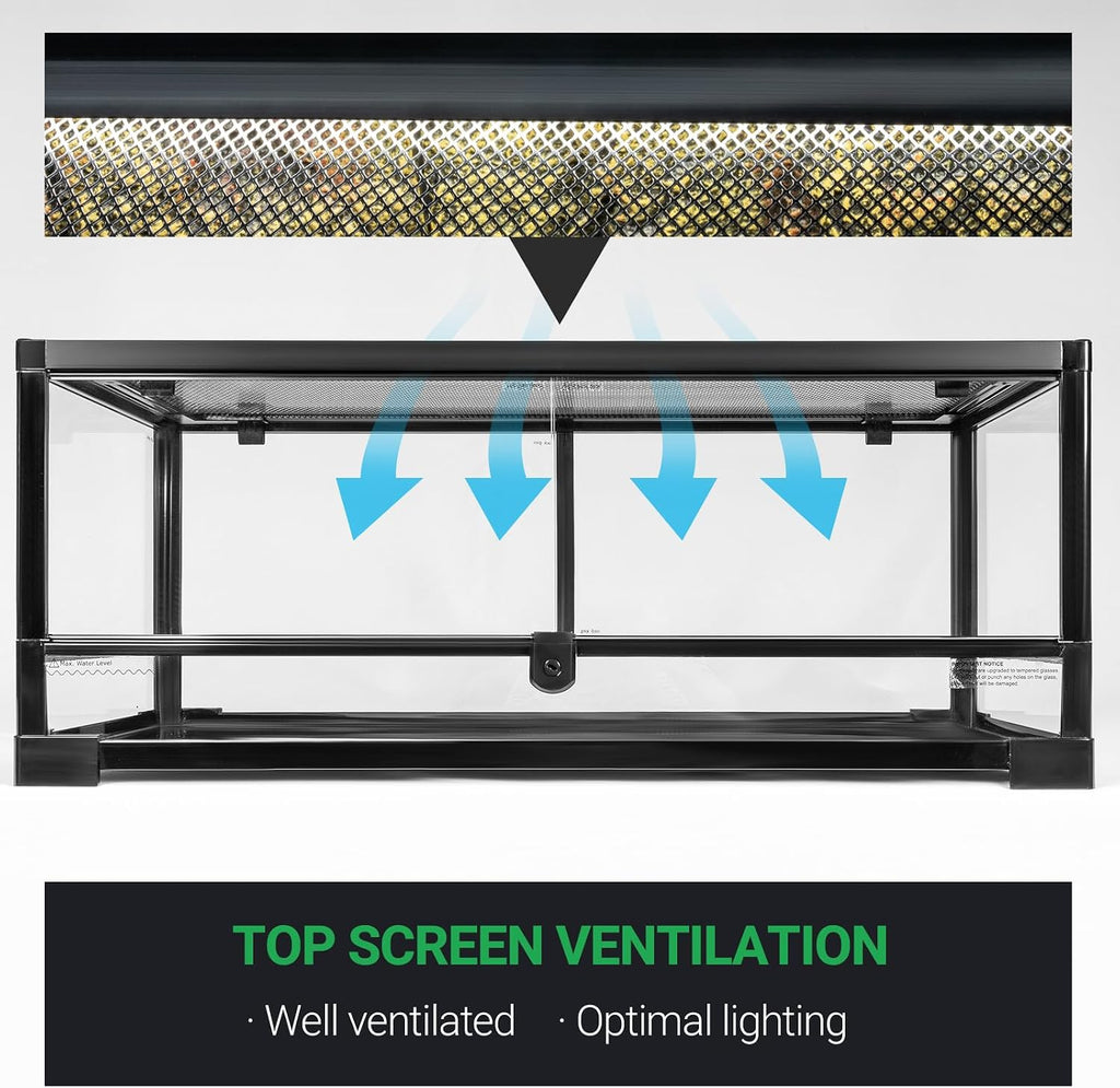 Tempered Glass Reptile Tank, 30x12x12 Inch Front Opening Terrarium with Top Screen Ventilation & Water-Holding