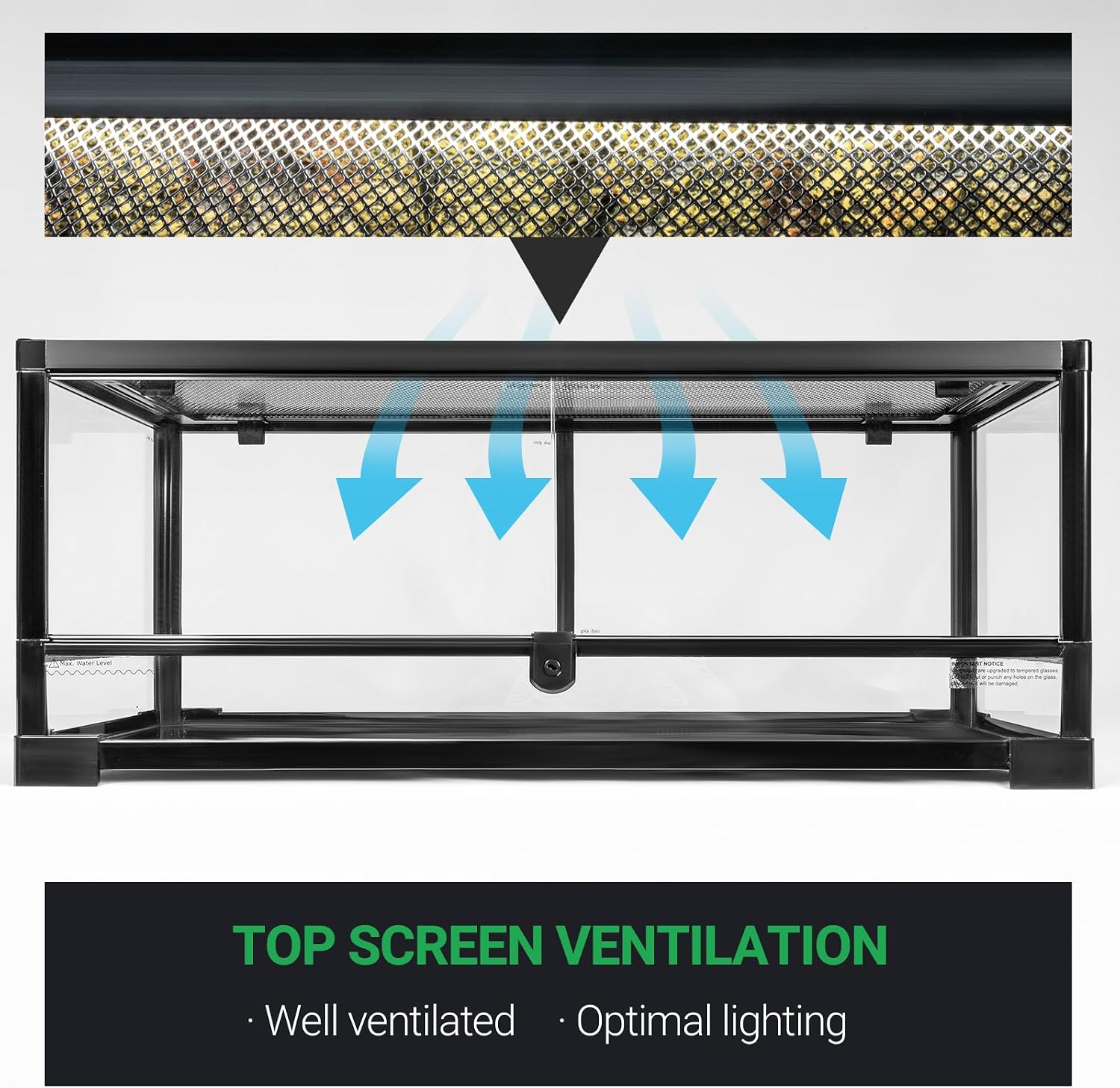 Tempered Glass Reptile Tank, 30x12x12 Inch Front Opening Terrarium with Top Screen Ventilation & Water-Holding