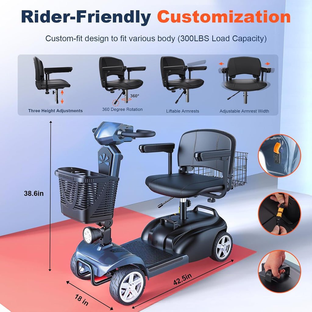 15/25/30/50Miles Eldryvon 4 Wheels Electric Mobility Scooter for Seniors, Dual Basket, 350W Powered Wheelchair with