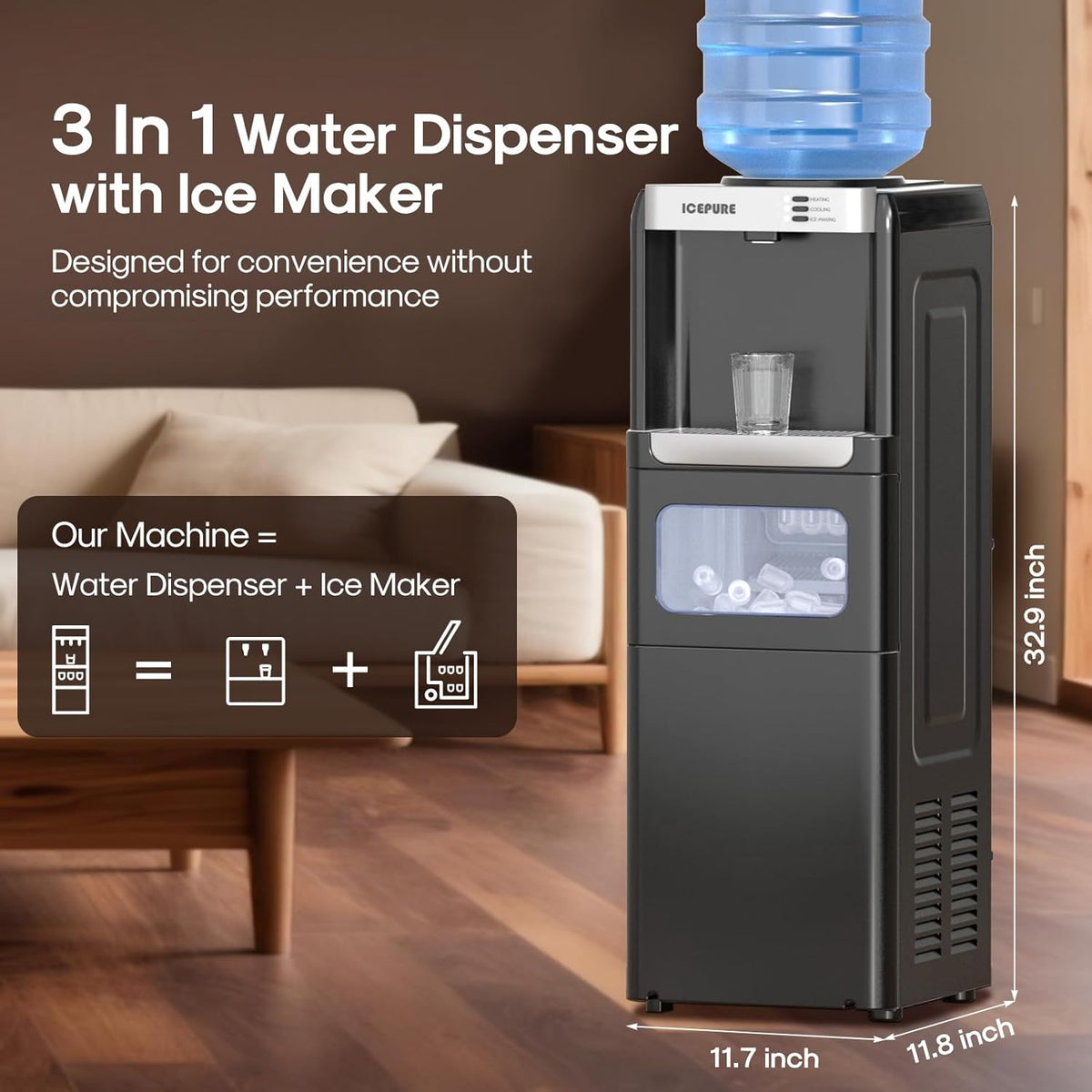 3-in-1 Water Cooler with Ice Maker, Water Dispenser and Ice Machine