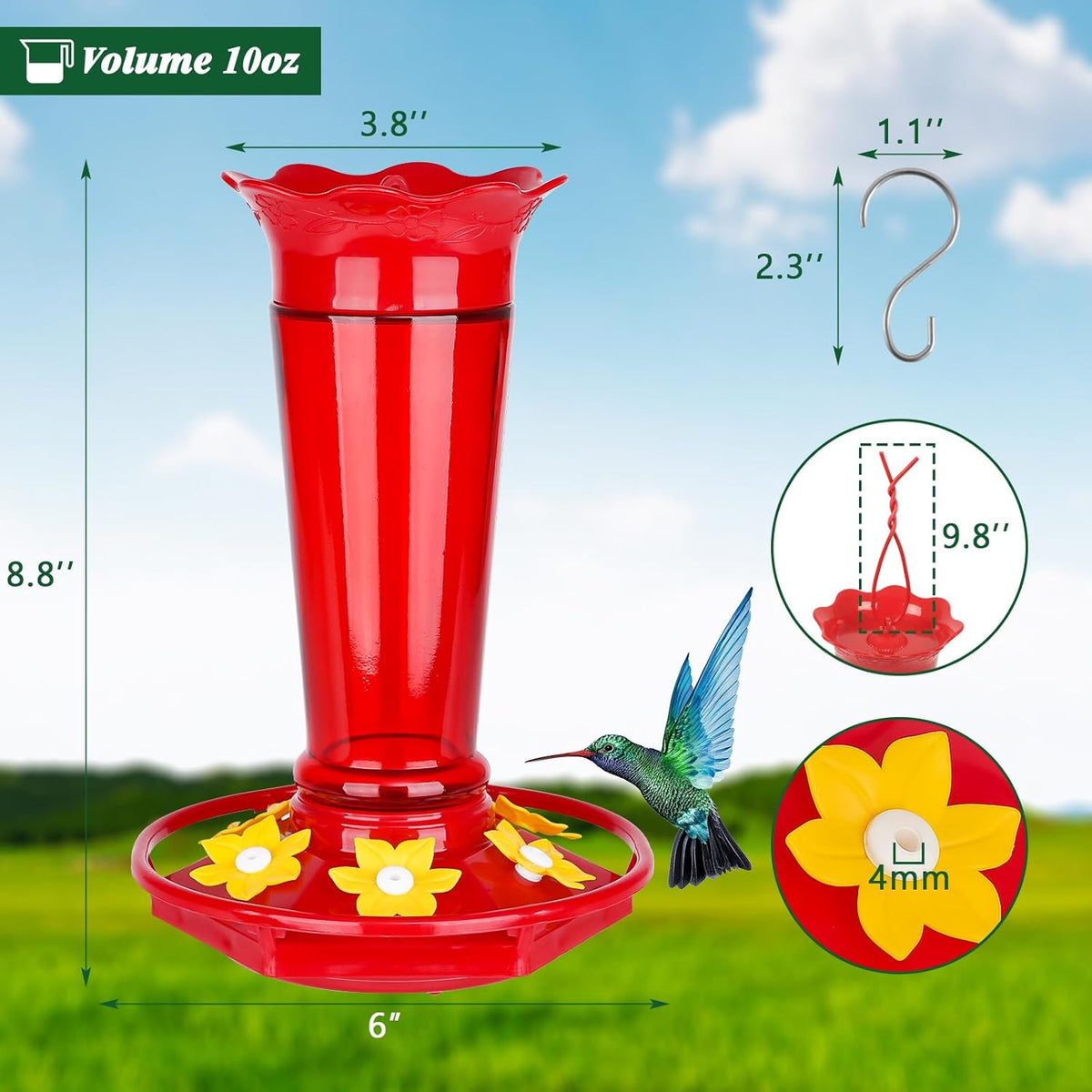 10 OZ Glass Hummingbird Feeders for Outdoors Hanging - Red 2 Pack, Ant & Bee Proof and 6 Feeding Ports, Garden Yard