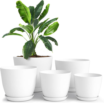 Plant Pots Indoor with Drainage Holes – Set of 5 White Plastic Flower Pots (7/6.6/6/5.3/4.8 Inch) – Modern Planters