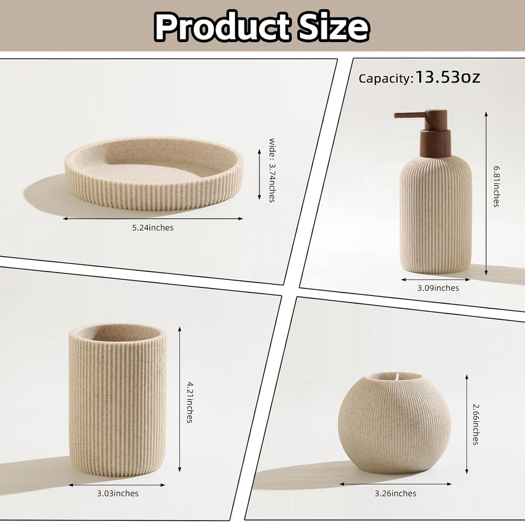 Bathroom Accessories Set, 5 PCS Modern Bath Organizer, Beige | Sandstone Look, Stripe,13.53 OZ Soap