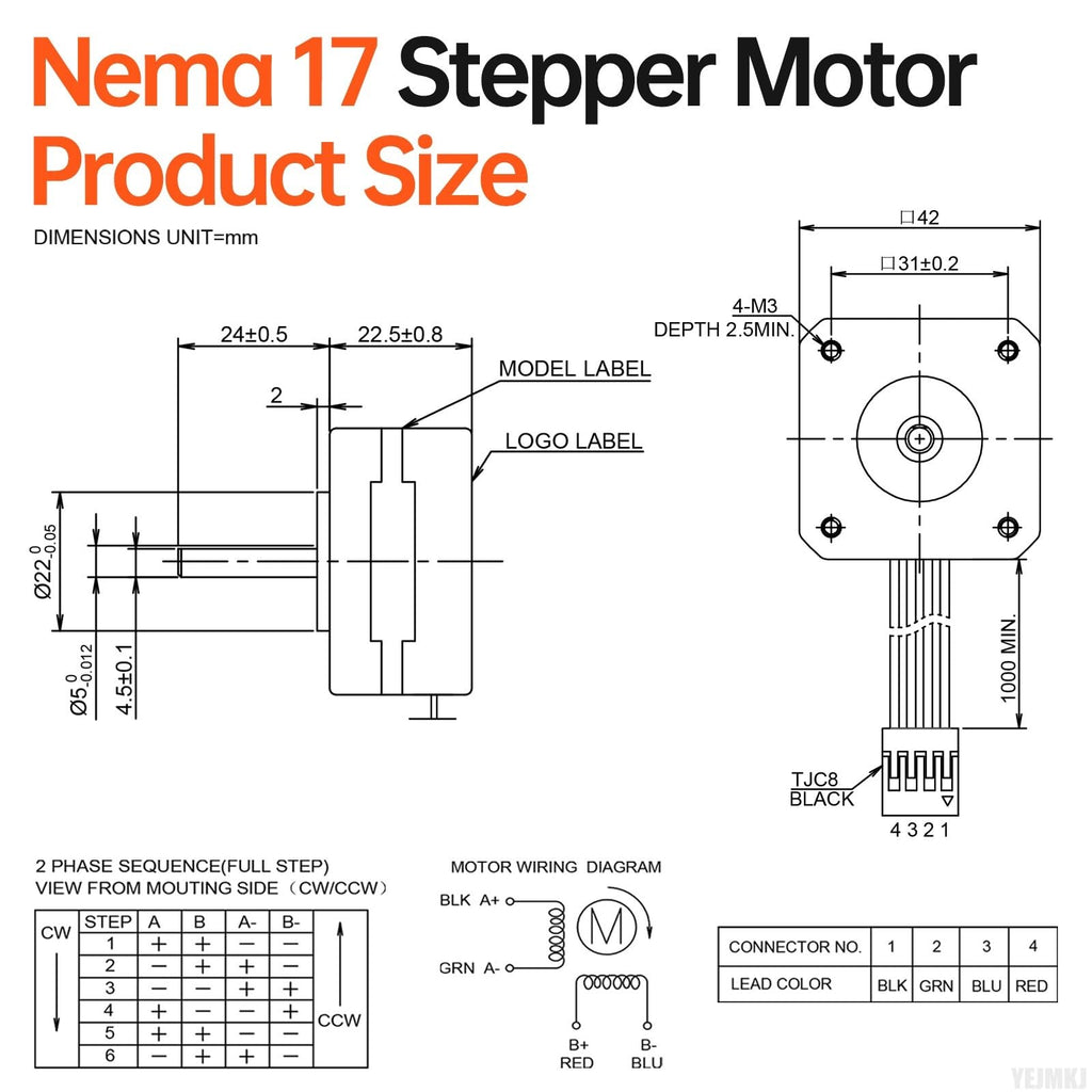 YEJMKJ Nema 17 Stepper Motor 42x23mm 0.16Nm (22.66oz·in) 0.8A 4.2Ω Bipolar