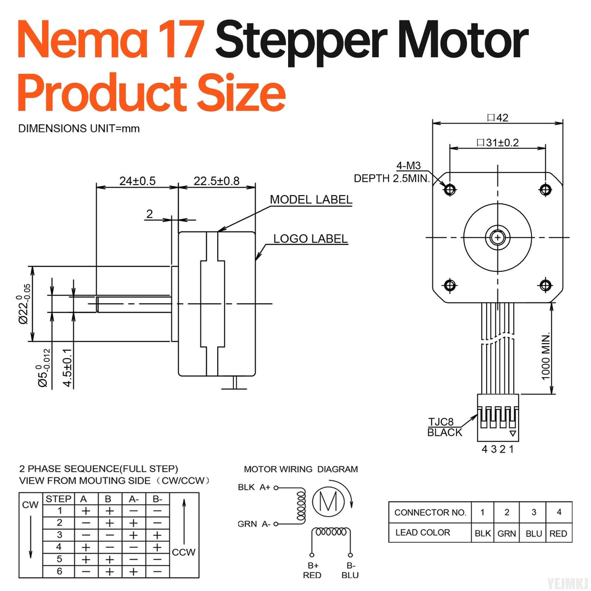 YEJMKJ Nema 17 Stepper Motor 42x23mm 0.16Nm (22.66oz·in) 0.8A 4.2Ω Bipolar