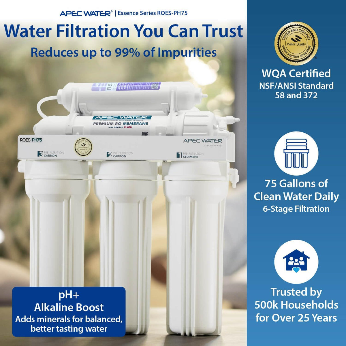 ROES-PH75, 6-Stage Under Sink RO System, Alkaline, 75 GPD
