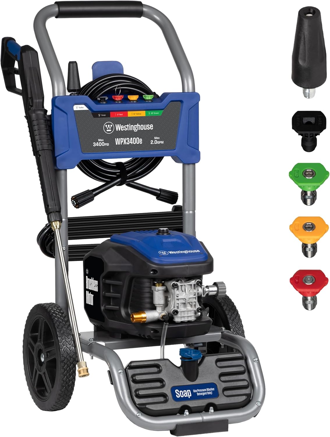 WPX3400e Electric Pressure Washer, 3400 Max PSI and 2.0 Max GPM, Brushless Motor, Onboard Soap Tank, Spray Gun and
