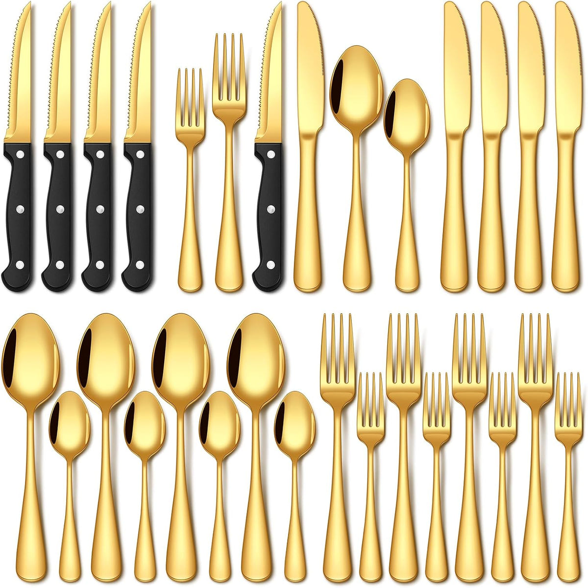 24 Piece Gold Silverware Set with Steak Knives Food Grade Stainless Steel Flatware Set for 4 Cutlery Utensil Set