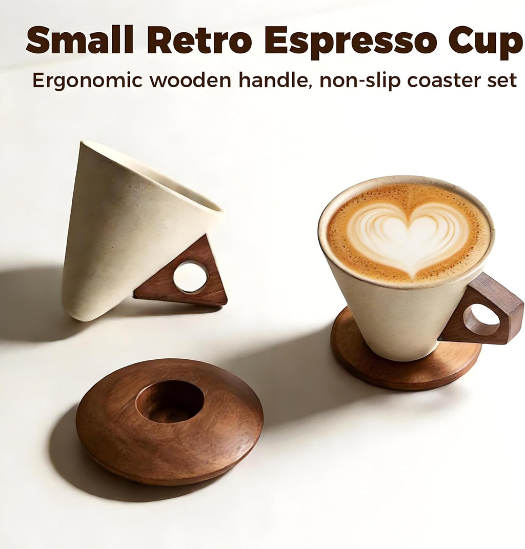 Retro Ceramic Cone Coffee Mug with Solid Wood Handle & Coaster, Creative Elegant Set for Home, Office, Restaurant