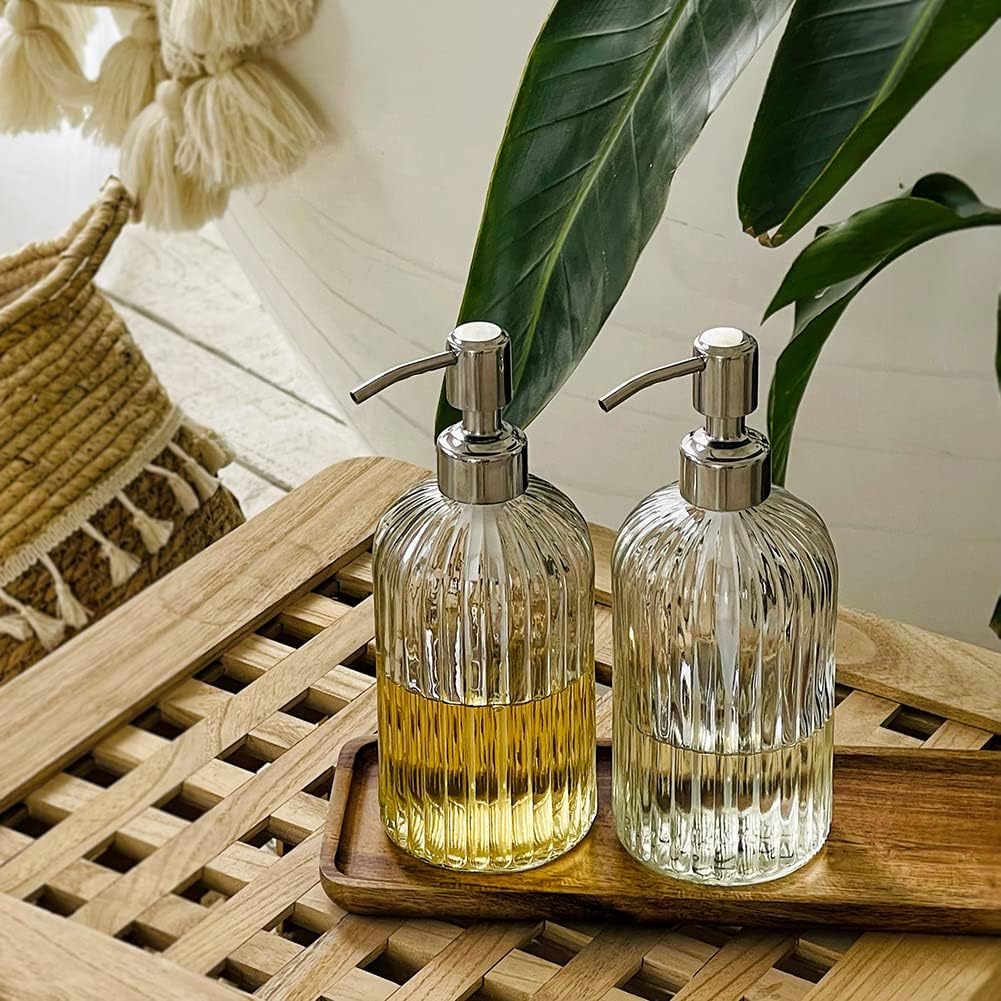 2PACK 18 Oz Glass Soap Dispenser with Rust Proof Stainless Steel Pump | Refillable Hand Soap Dispenser with Vertical