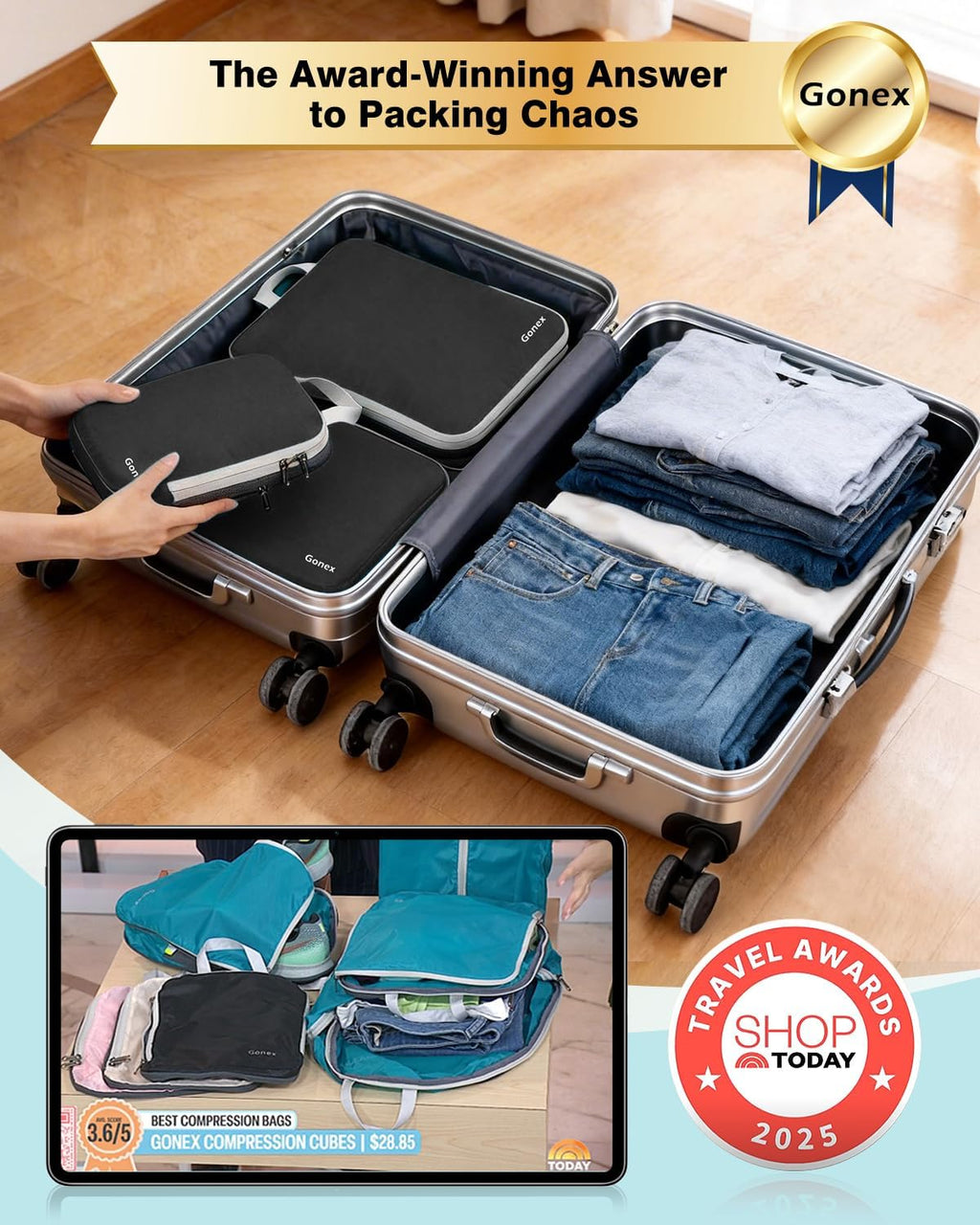 Compression Packing Cubes, 4pcs Expandable Storage Travel Luggage Bags Organizers(Black)