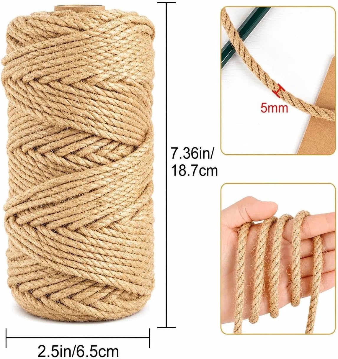 5MM x 197 Feet Natural Jute Twine, 12Ply Twisted Jute Rope