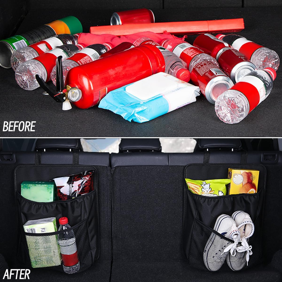 Car Trunk Organizer, Vehicle Backseat Hanging Storage Bag with Netting Pouch, Multifunctional Automotive Interior