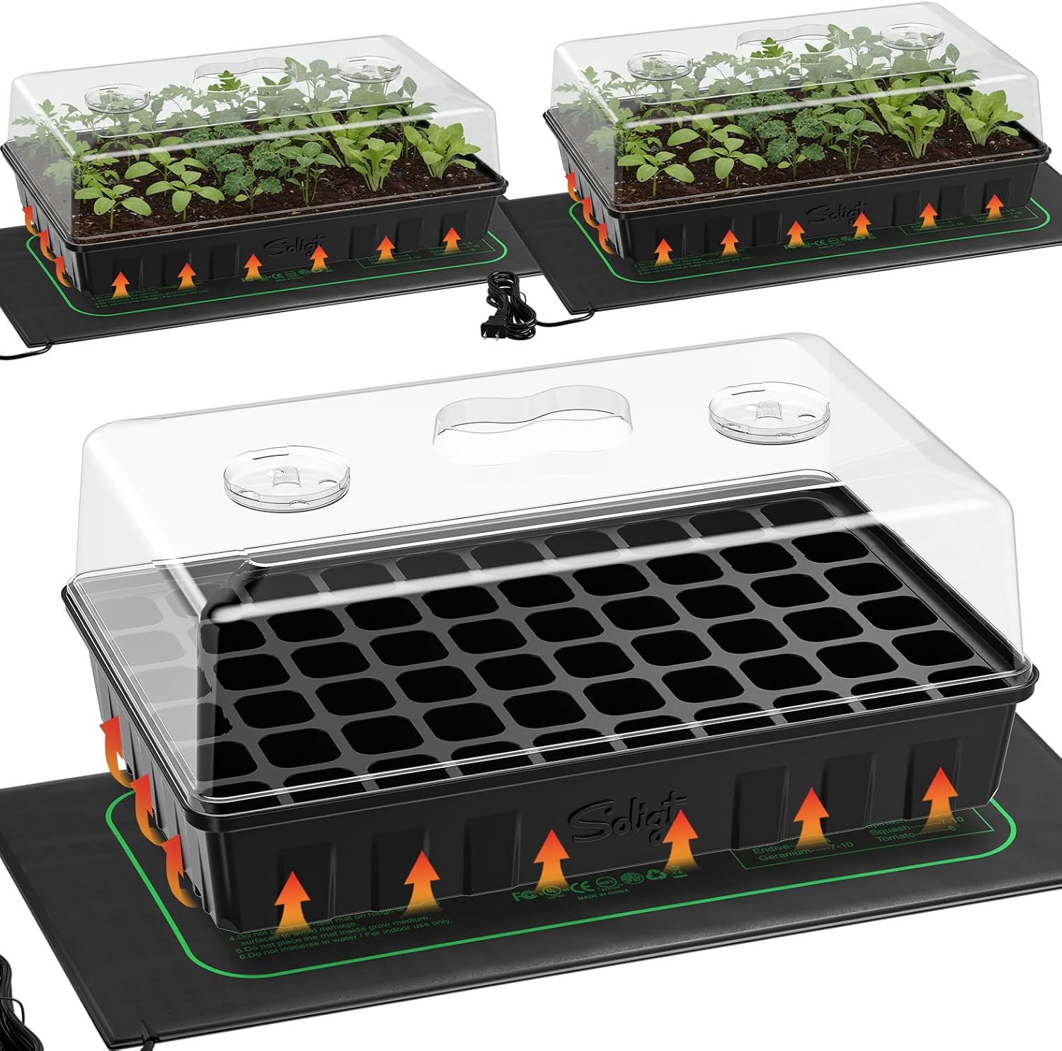 3 Set 60-Cell Seed Starter Kit with Domes, Cell Trays and Heat Mats | Cloning, Propagation and Germination Station