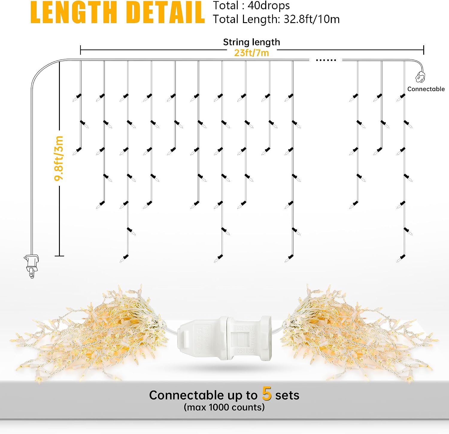 Icicle Lights Outdoor, 23FT 200 Connectable Icicle Christmas Lights | Warm White Plug in Curtain String Lights for