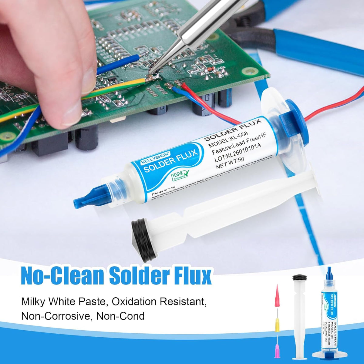 Solder Wick And Solder Flux Paste, No Clean Soldering Flux (3 Piece) Desoldering Wick Braid (2 Piece) For Electronics Repair For Disassemble Electrical Components (5 Pack Kit)