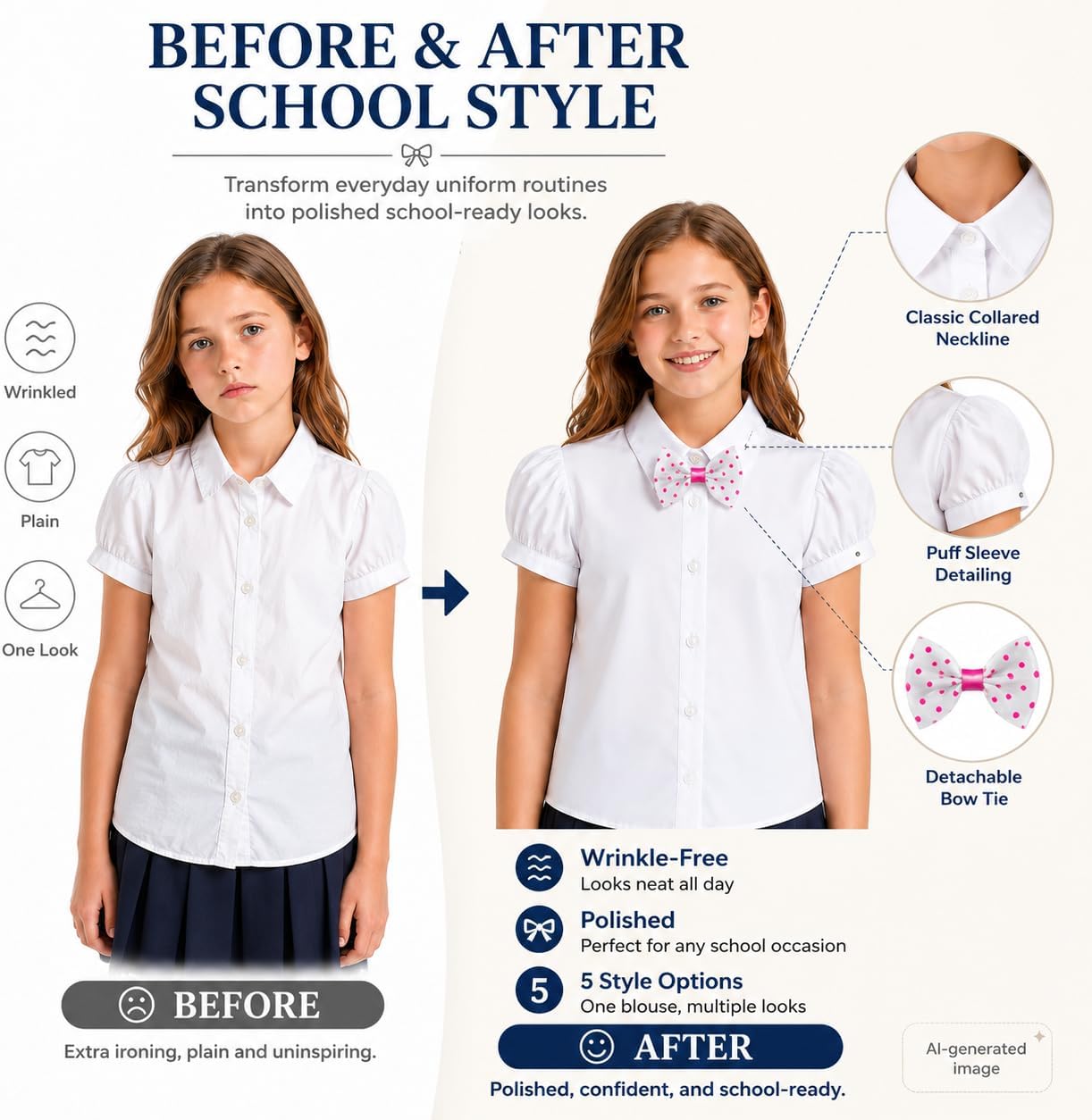 Wrinkle-Free White Girls Blouse: School Uniform 5 Bow Ties Shirt | Ages 6-13, students, classroom days, picture day