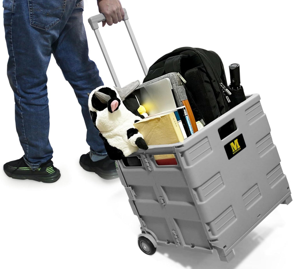 Collapsible Rolling Utility Cart with Lid 80 lb Capacity Folding Dolly with Telescoping Handle Heavy Duty Plastic