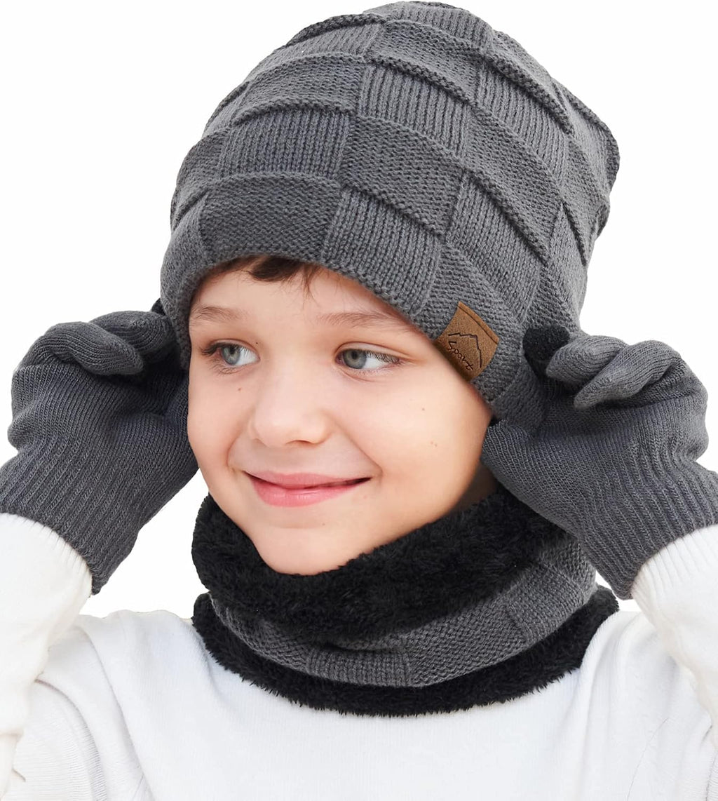 Kids Winter Beanie Hat Scarf Touchscreen Gloves Set for Boys Girls 4-15 Years Warm Skull Cap Fleece Lined Knitted Hat