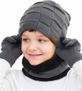 Kids Winter Beanie Hat Scarf Touchscreen Gloves Set for Boys Girls 4-15 Years Warm Skull Cap Fleece Lined Knitted Hat
