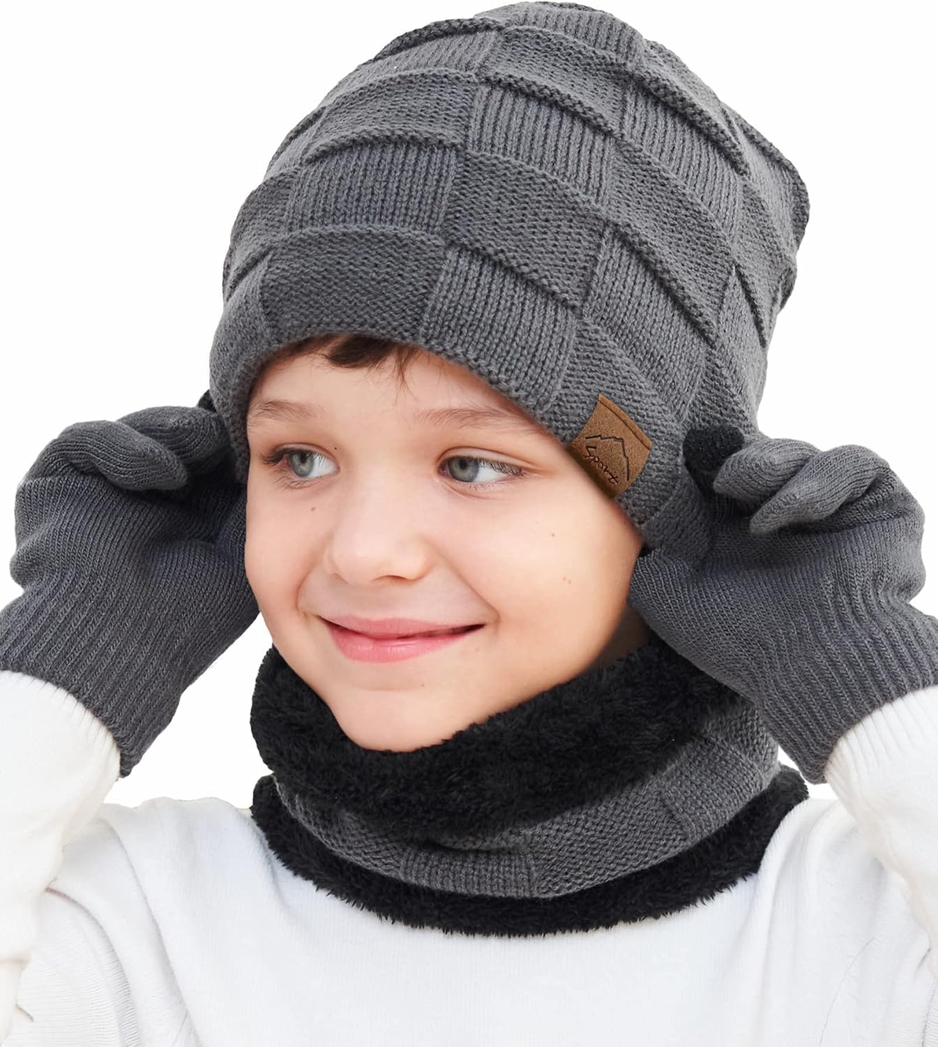 Kids Winter Beanie Hat Scarf Touchscreen Gloves Set for Boys Girls 4-15 Years Warm Skull Cap Fleece Lined Knitted Hat
