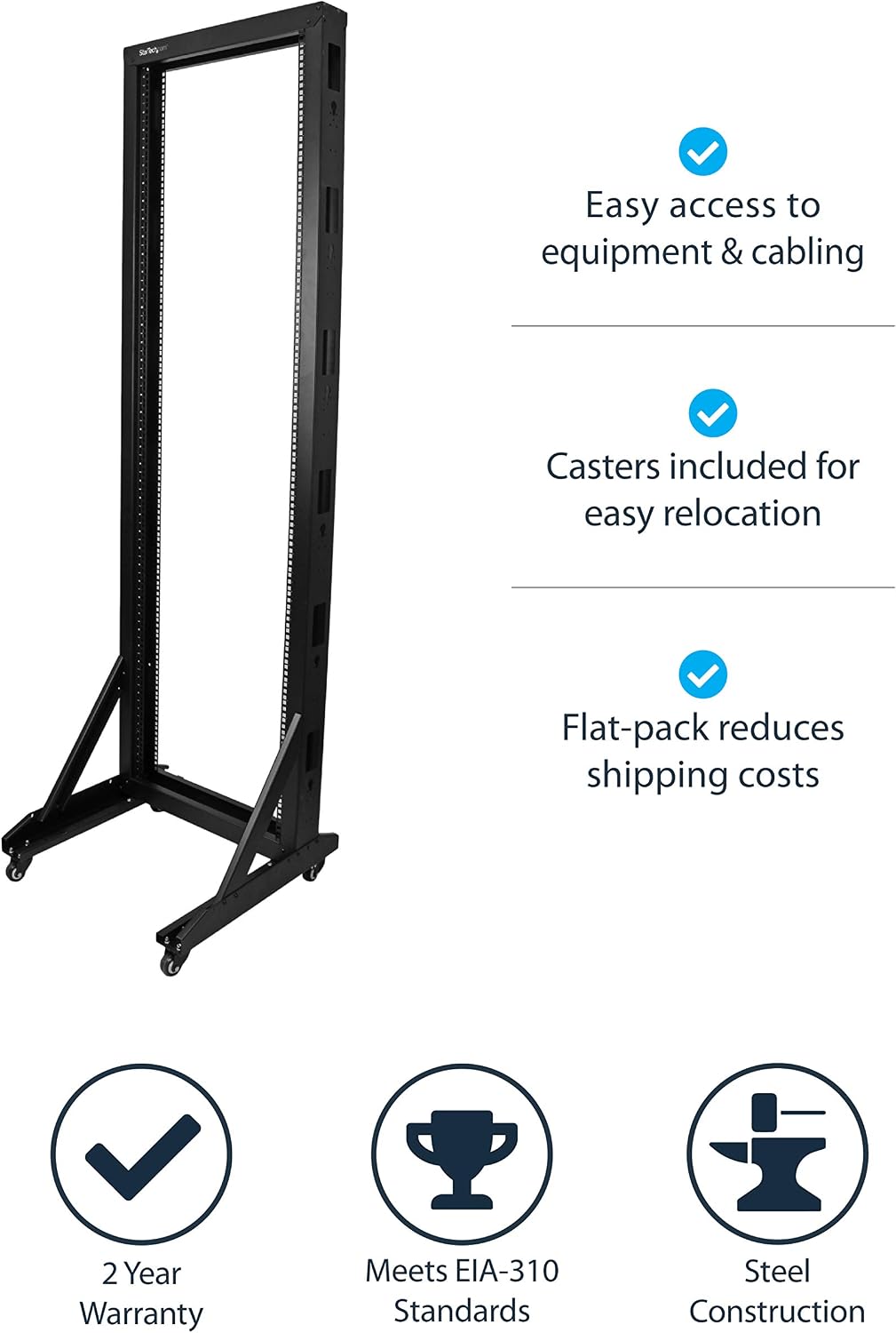 StarTech 42U 2-Post Open Frame Server Rack, 19in Rolling IT Rack with 661lb (300kg) Weight Capacity, Space-Saving Floor-Standing Network Rack