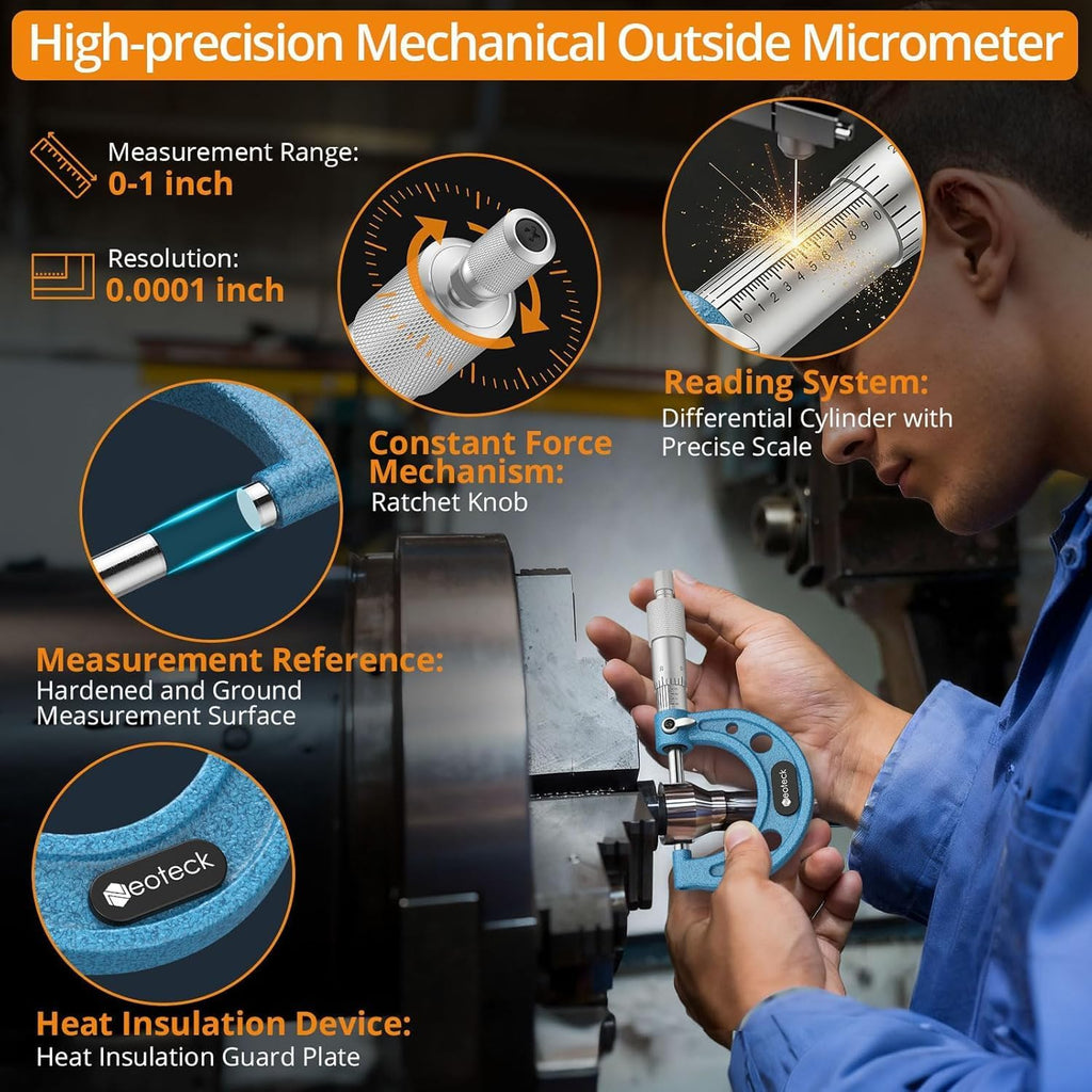 Neoteck 0-1" Outside Micrometer 0.0001" Resolution Carbide-Tipped Anvils