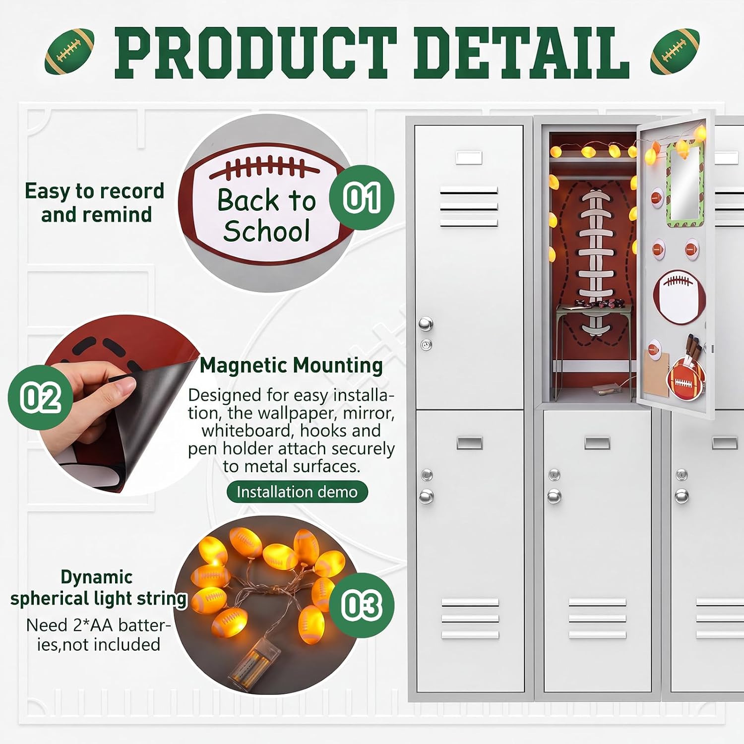 19 Pcs Locker Accessories, Football Locker Organizer Decoration with Shelf, Wallpaper, Mirror, Whiteboard, Pen