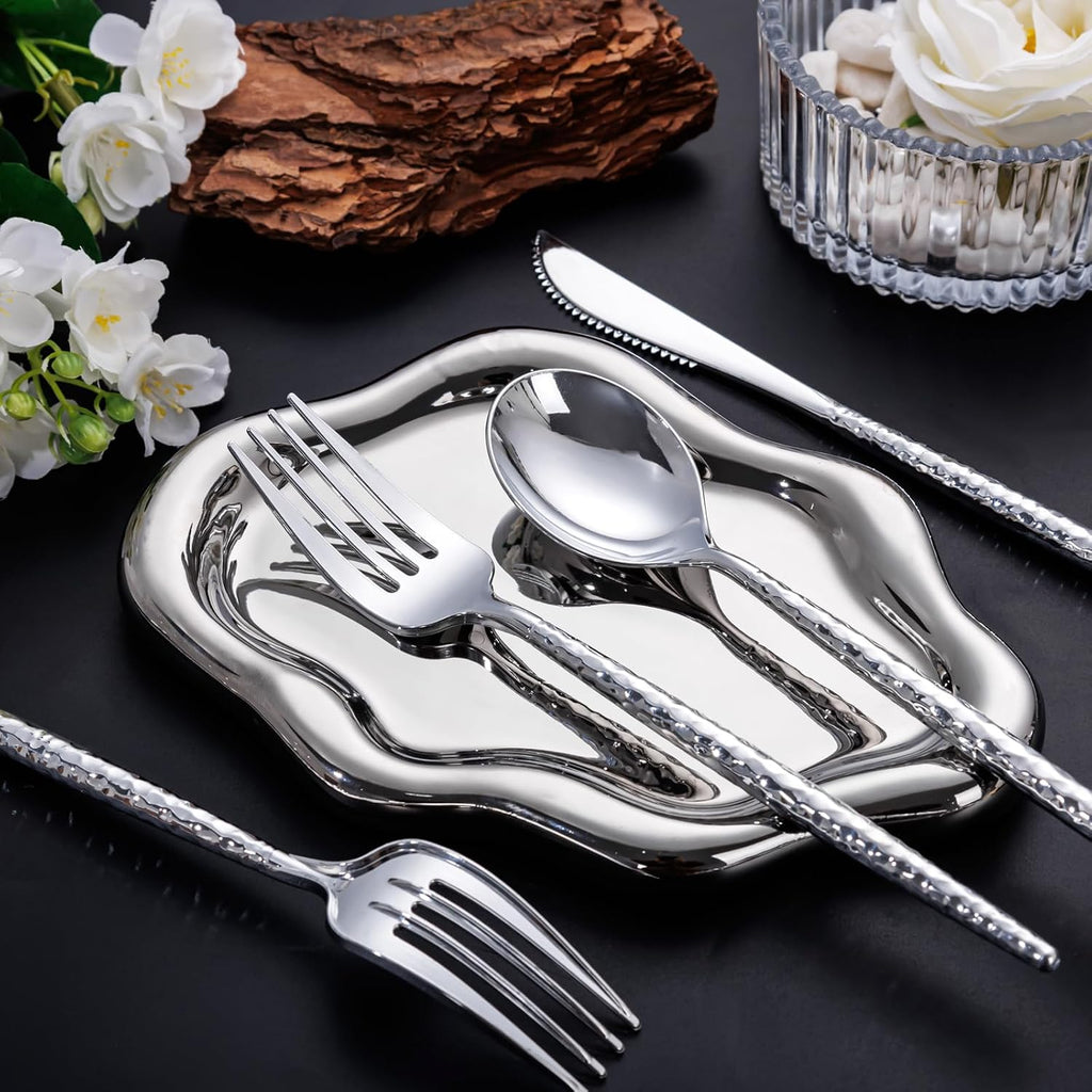 150PCS Silver Plastic Silverware, Disposable Utensils, Includes 50 Knives, Forks and Spoons, Hammered Silverware Set