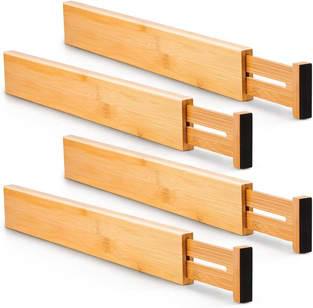 4 pcs Bamboo Kitchen Drawer Dividers Large, Adjustable Drawer Organizers, Spring Loaded, Expandable Organization