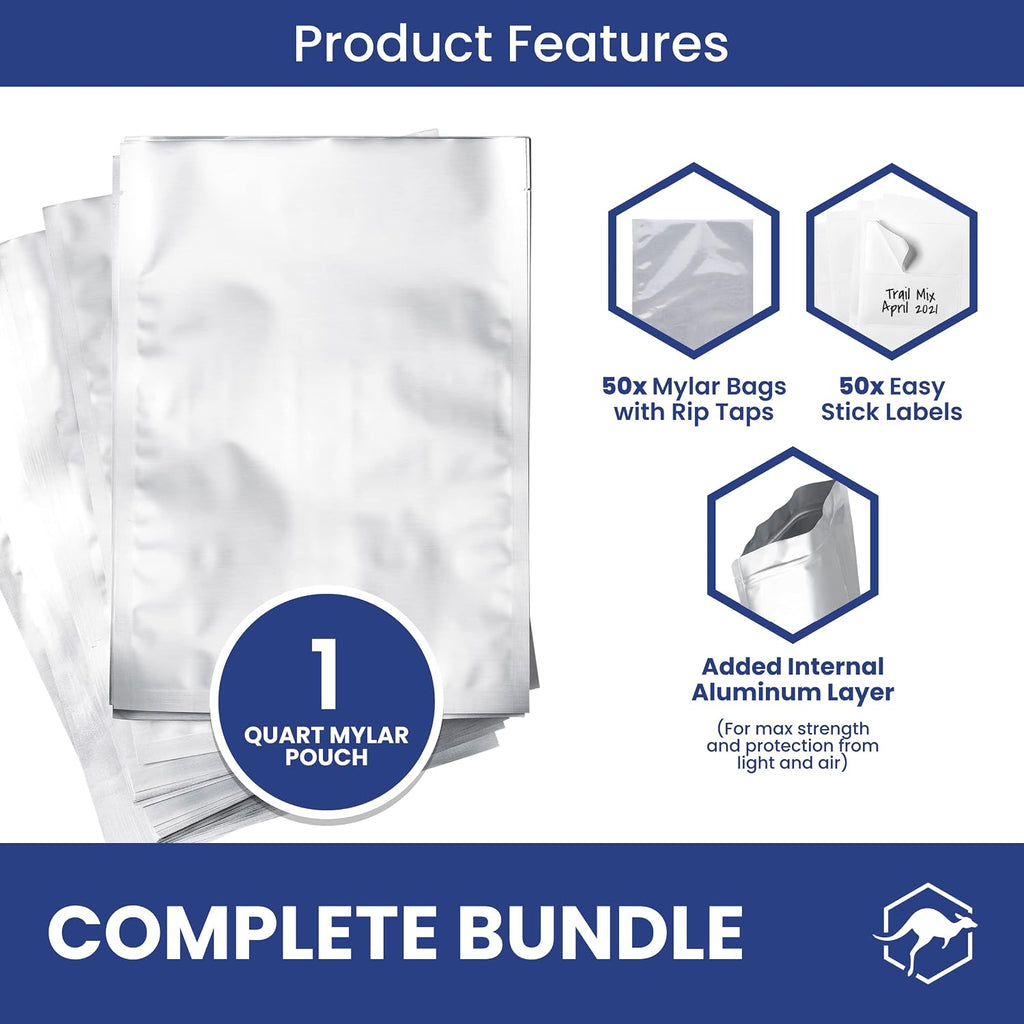 50 Count 1-Quart Mylar Bags with Labels, 5 Mil Total Thickness Long-Term Food Storage Pouches, 7x10 Heat-Sealable