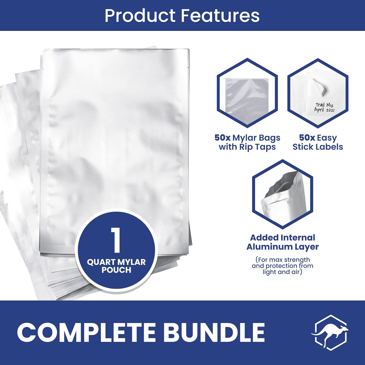 50 Count 1-Quart Mylar Bags with Labels, 5 Mil Total Thickness Long-Term Food Storage Pouches, 7x10 Heat-Sealable