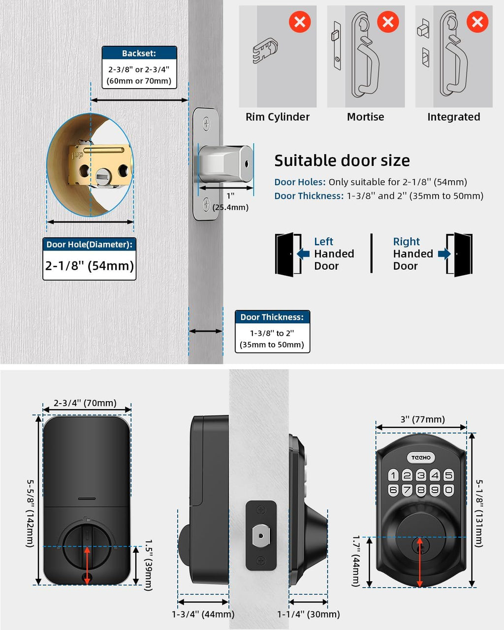 TE001 Keyless Entry Door Lock with Keypad - Smart Deadbolt Lock for Front Door with 2 Keys - Auto Lock - Easy