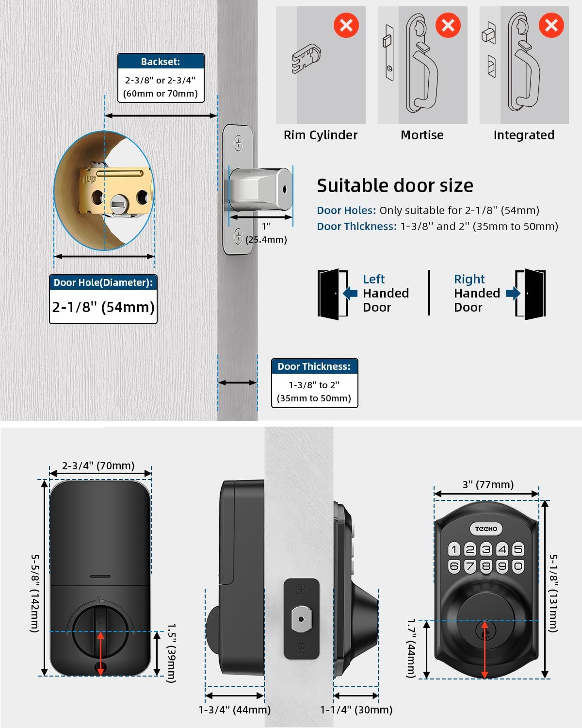 TE001 Keyless Entry Door Lock with Keypad - Smart Deadbolt Lock for Front Door with 2 Keys - Auto Lock - Easy