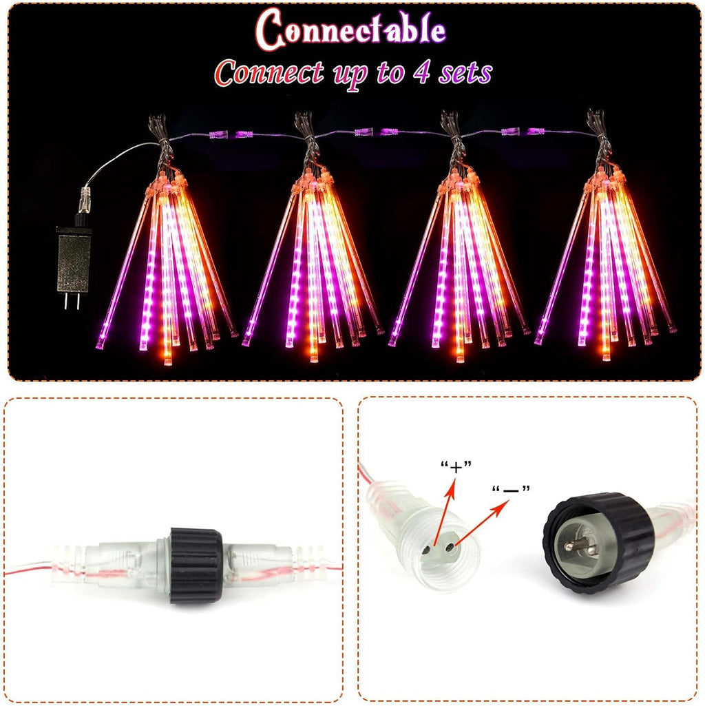Halloween Lights Outdoor 2 Pack 16 Tube Meteor Shower Lights Orange Purple | Total 384LED, Extendable, Plug in