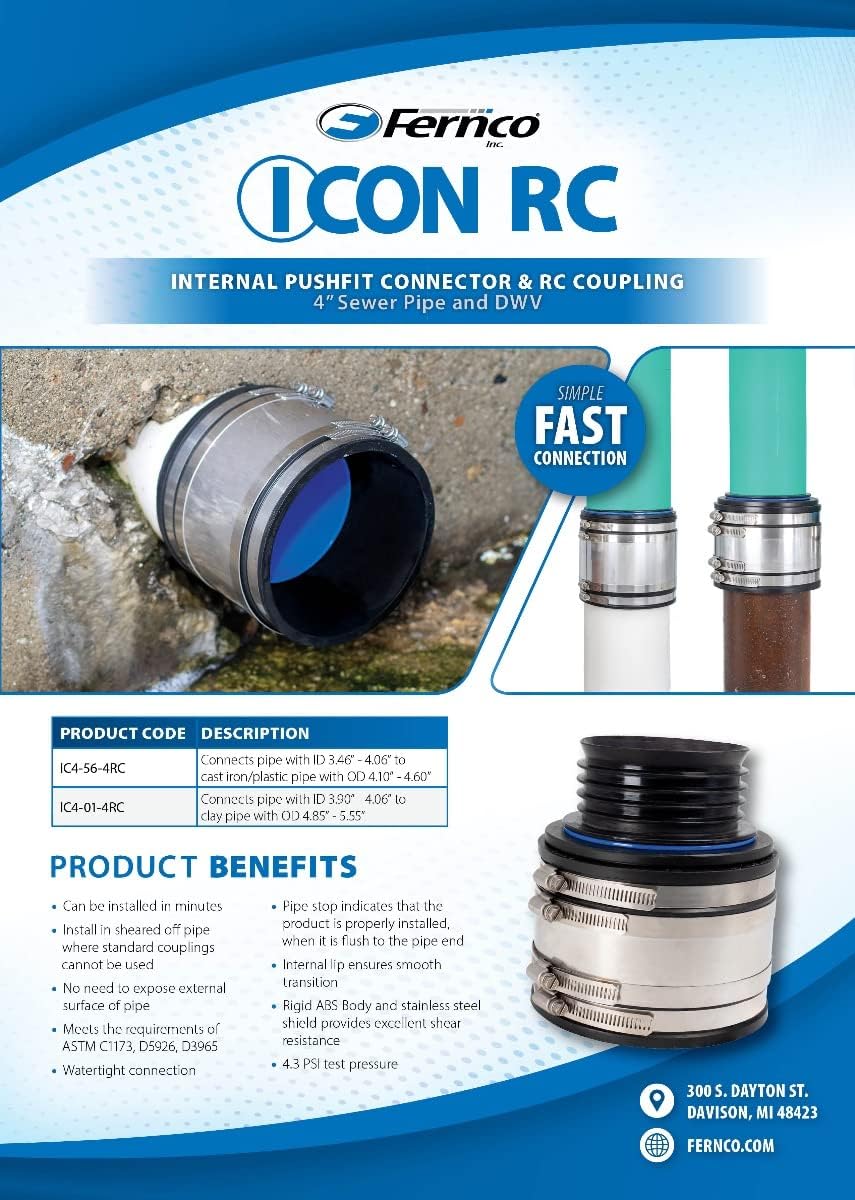 Fernco 4" ICON RC Pushfit DWV Coupling Sheared Off Pipe Connector with Shielded Coupler, Plastic, Cast Iron and Copper