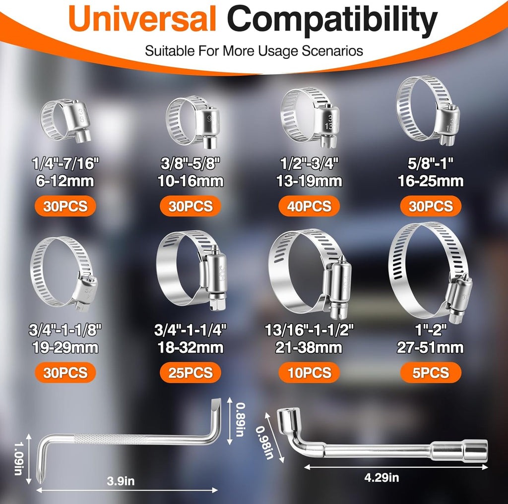 202PCS Hose Clamp Kit 304 Stainless Steel 8 Sizes 1/4"-2" Worm Gear | 6-51mm range | Worm gear clamps | Wrench &