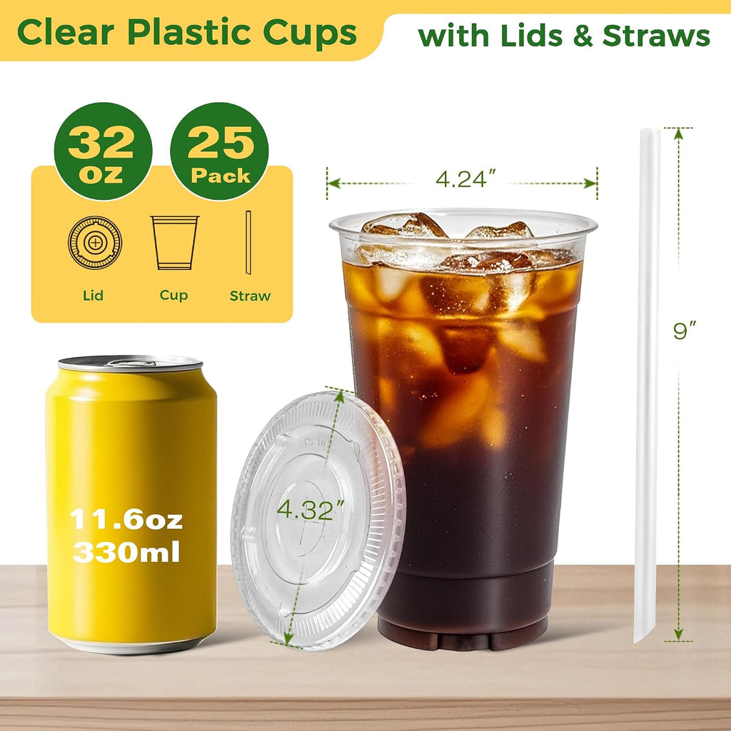 32 oz Clear Plastic Cups with Lids and Jumbo Boba Straws