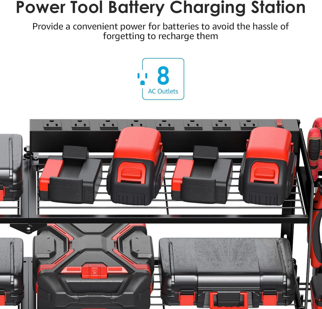 Large Garage Tools Storage with Charging Station. Power Tool Battery Organizer Utility Shelf with Power Strip. 4
