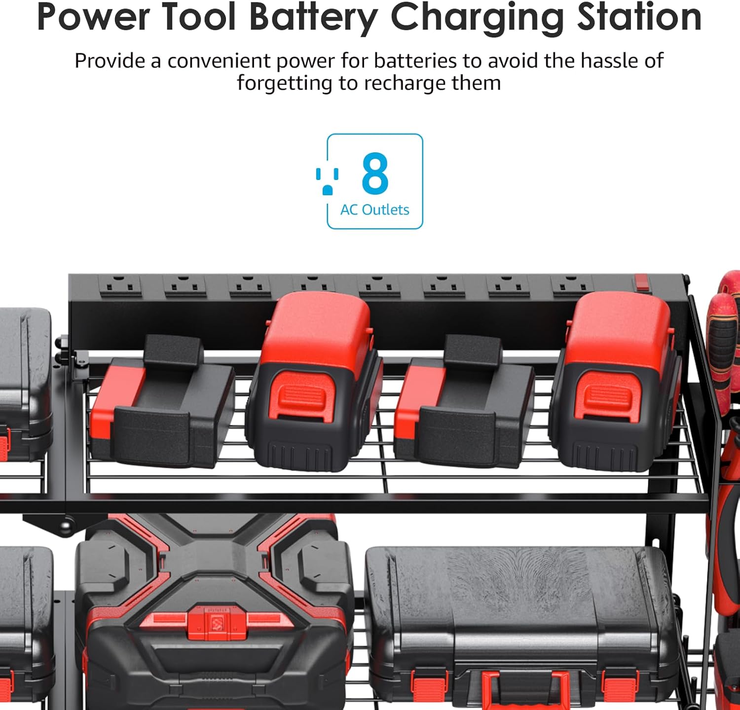 Large Garage Tools Storage with Charging Station. Power Tool Battery Organizer Utility Shelf with Power Strip. 4