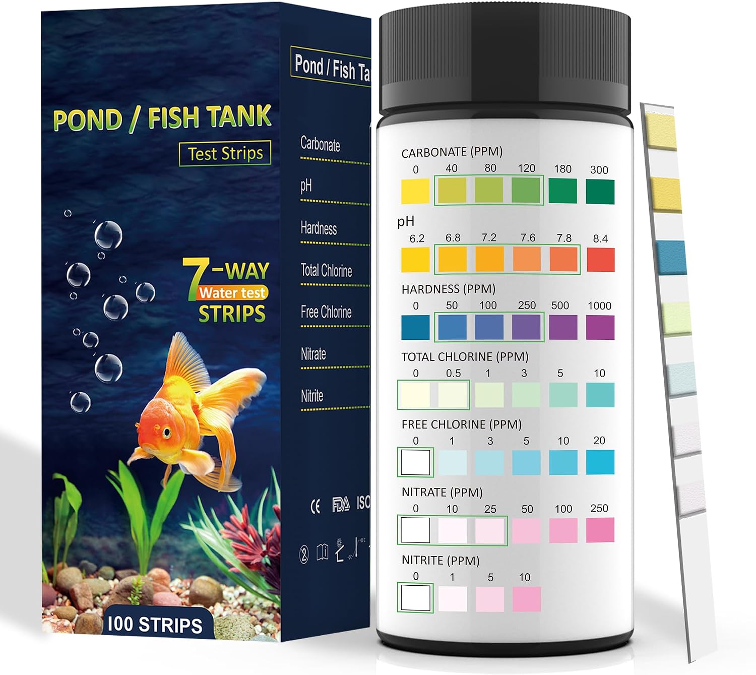 Aquarium Test Kits(100 Strips)-7 in 1 Fish Tank Water Freshwater&Saltwater Quality Test with pH, Carbonate