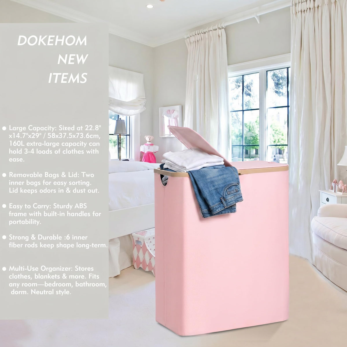 160L Double Laundry Basket Hamper with Lid & Removable Bags, Pink