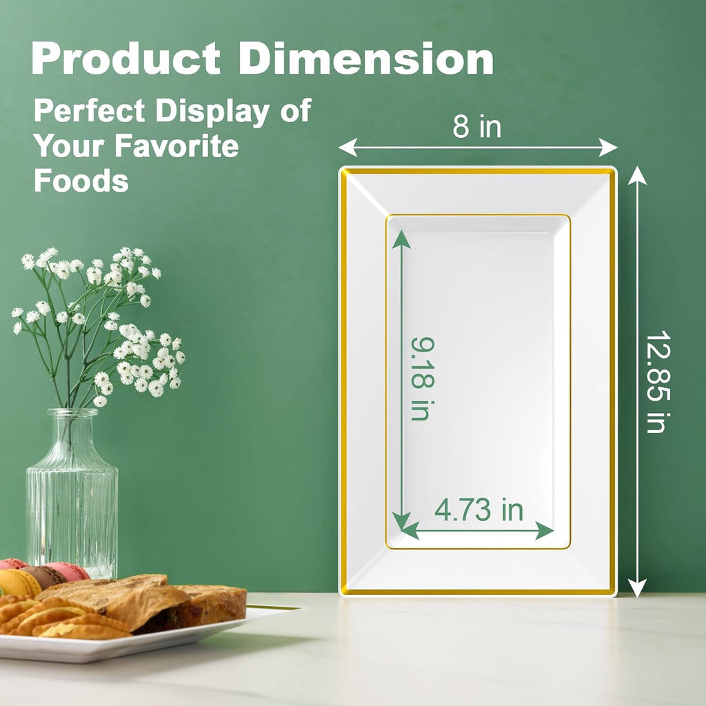 8 PCS Plastic Serving Trays for Party, White Gold Rim Platters