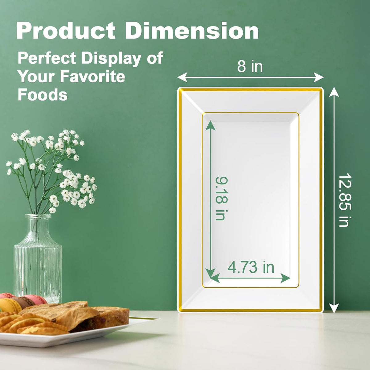 8 PCS Plastic Serving Trays for Party, White Gold Rim Platters