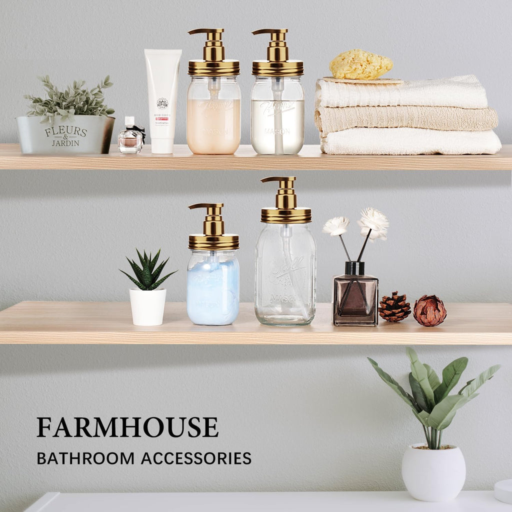 Plastic Mason Jar Soap Dispenser with Pump Lid 16OZ -2 Pack Gold | Refillable BPA-Free Hand Soap Dispenser Set with