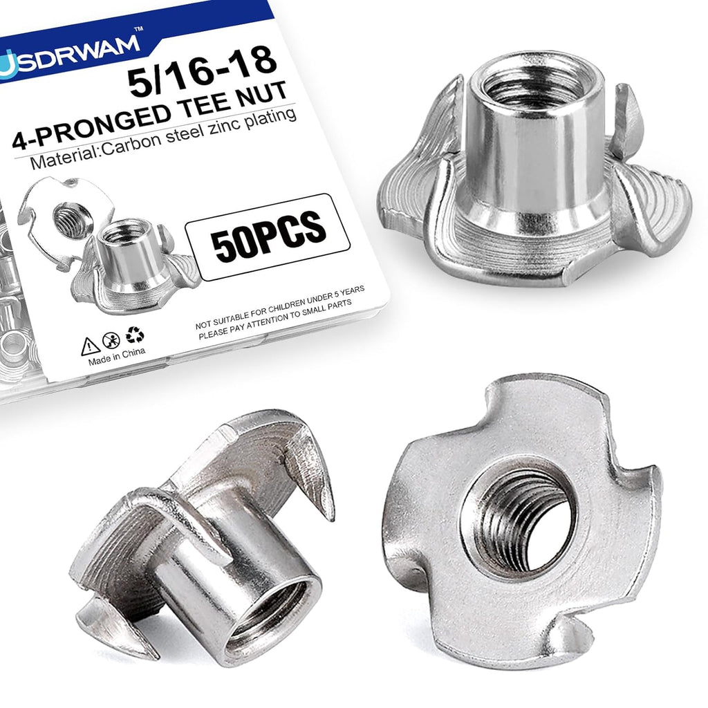 50PCS 5/16"-18 T Nuts for Wood, Zinc-Plated 4-Prong Tee Nuts