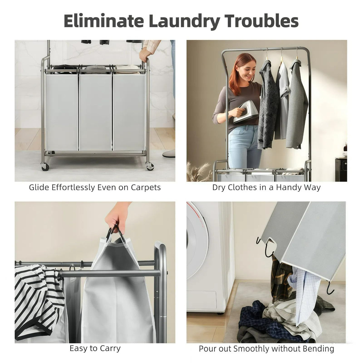 Laundry Sorter Hamper with Hanging Bar, 3 Section Laundry Cart