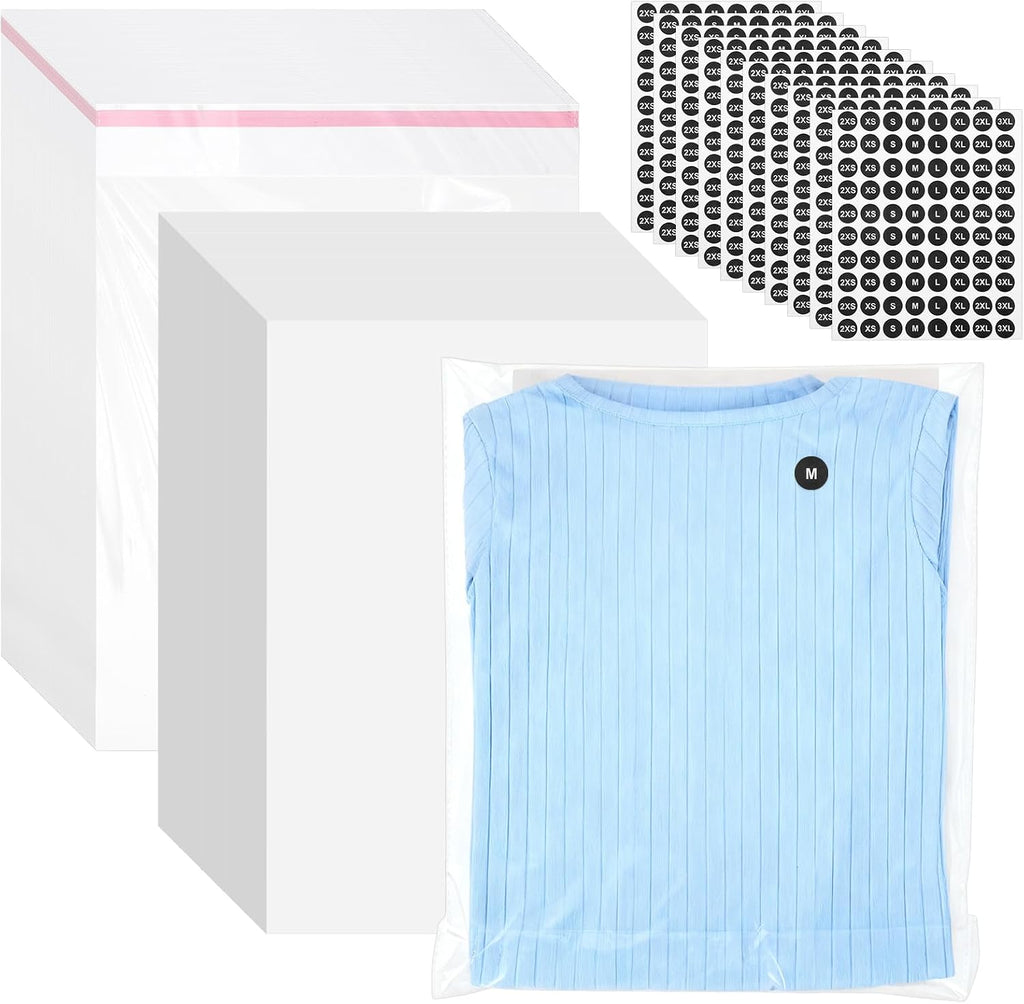 200 Set 10"x13" T-Shirt Packaging Bags with Cardboard Inserts and Clothing Size Stickers, Thick Clear Plastic