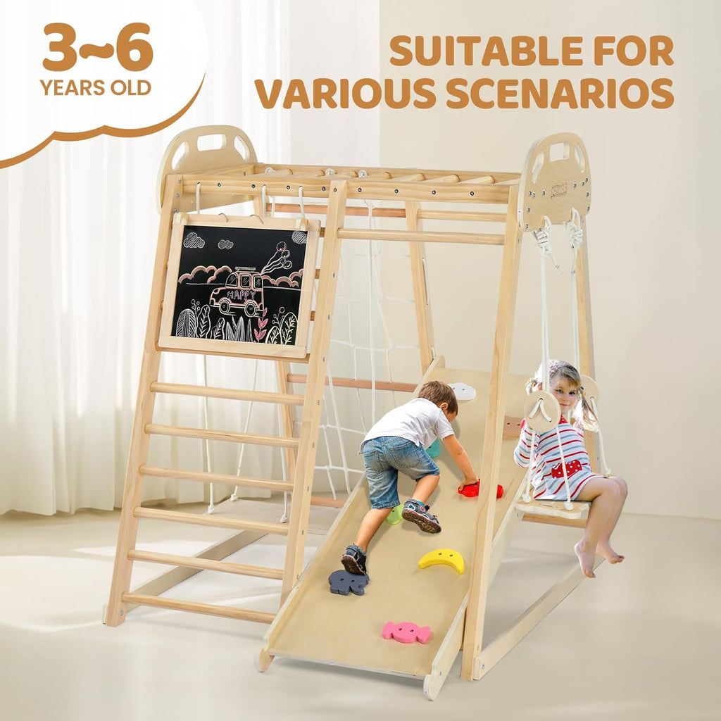 8-in-1 Indoor Jungle Gym for Kids and Toddlers with Hanging-Bridge and Swing, Wooden Indoor Playground with Slide